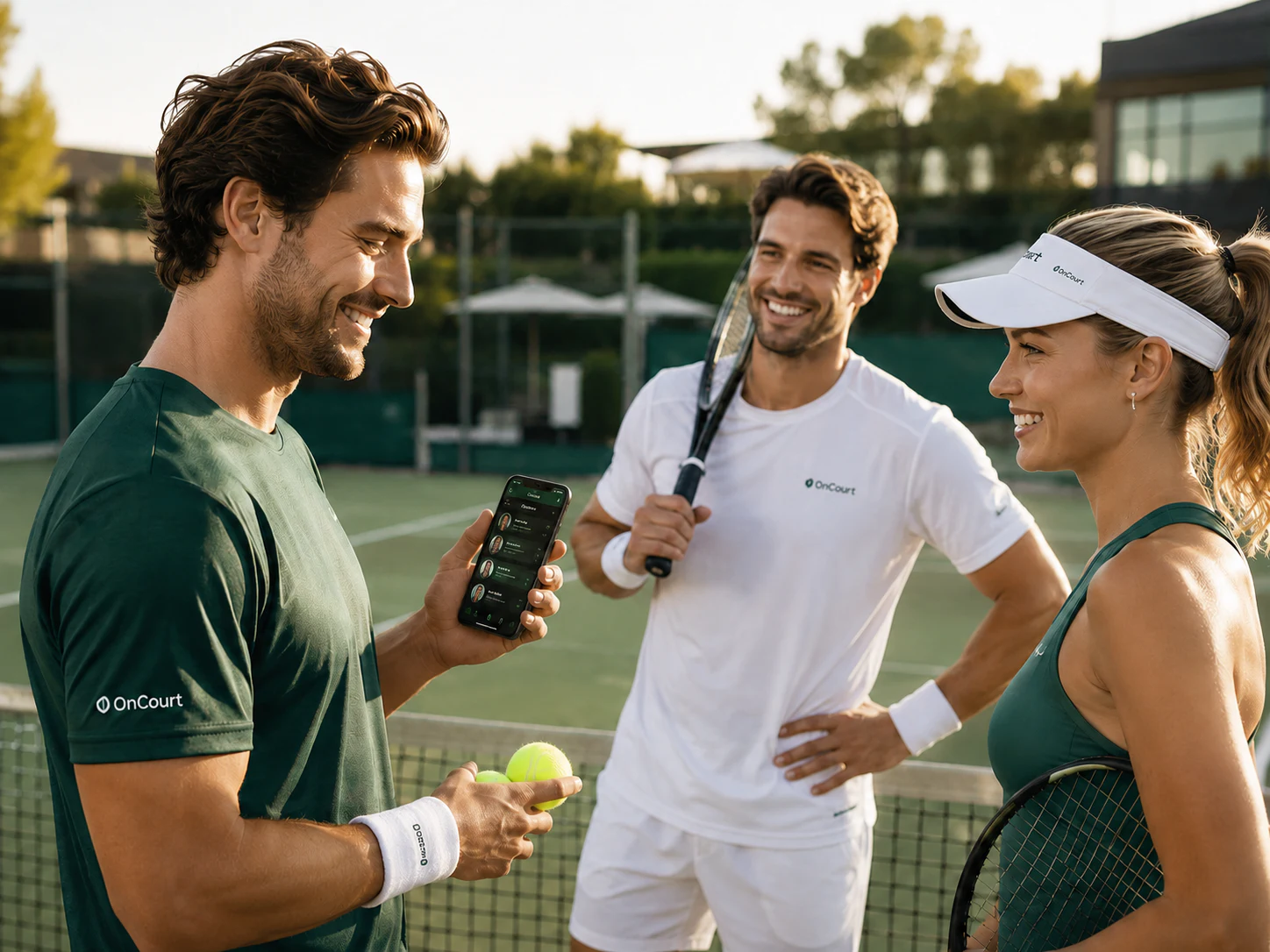 Three tennis players meeting on court and arranging a game with OnCourt